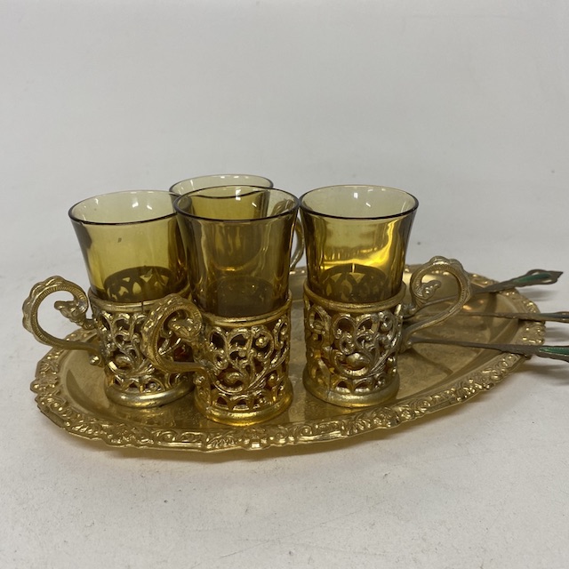 TEA SET, Tea Cups & Gold Tray
